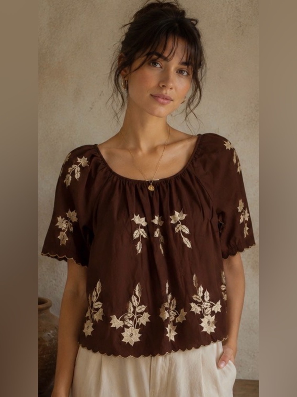 Vintage Leandra Crochet Embroidery Brown White Floral Handmade size M